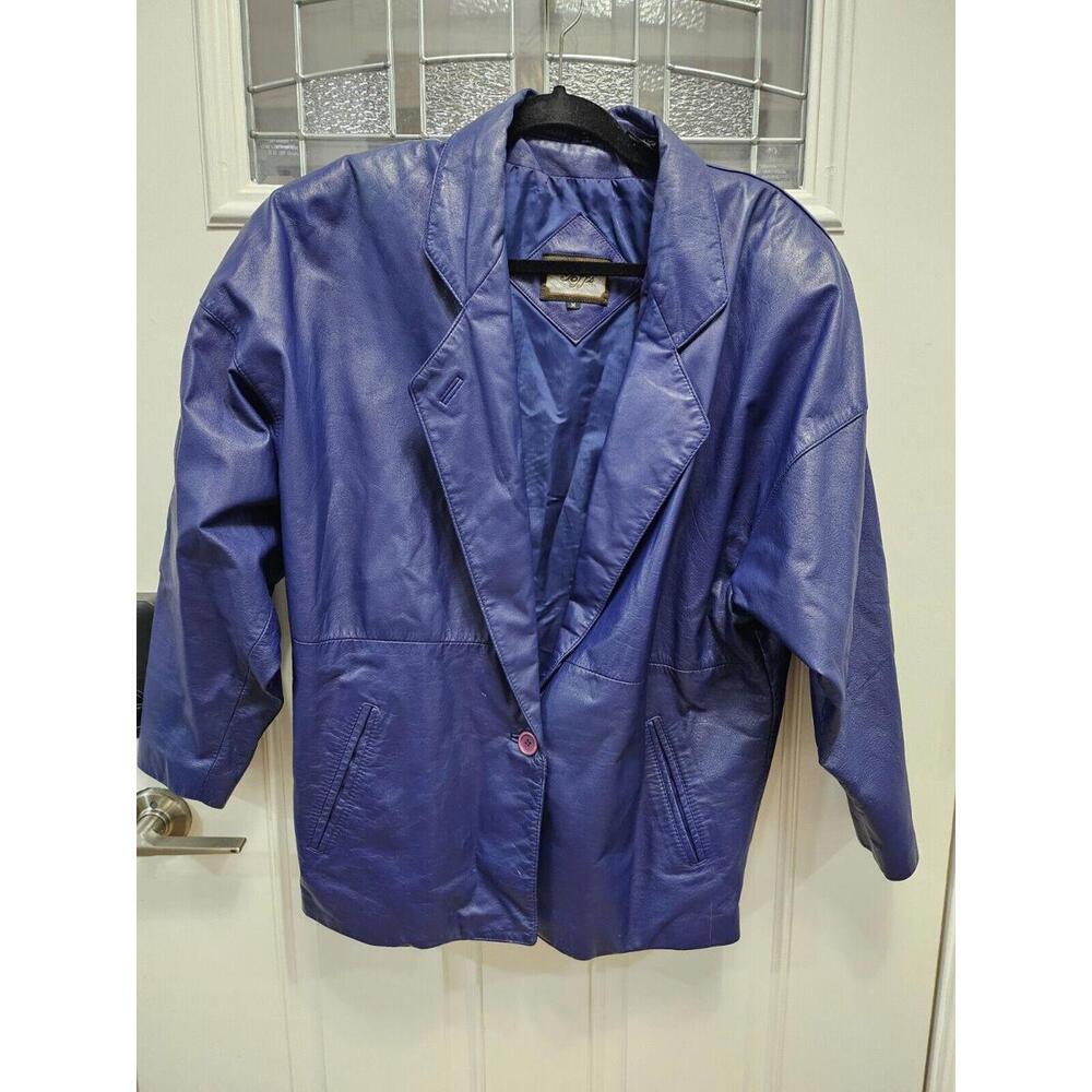 Vintage 80s blue leather jacket Dolman Sleeves, MEDIUM